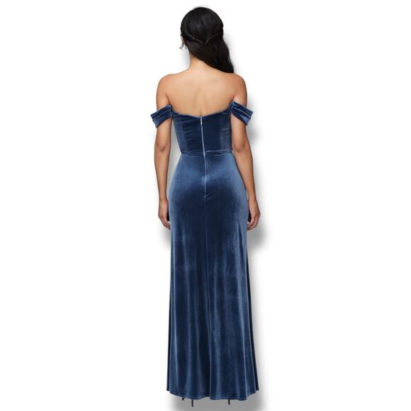 Jenny Yoo Issa Off-The-Shoulder Stretch Velvet Column Gown French Blue 18 - Picture 2 of 7